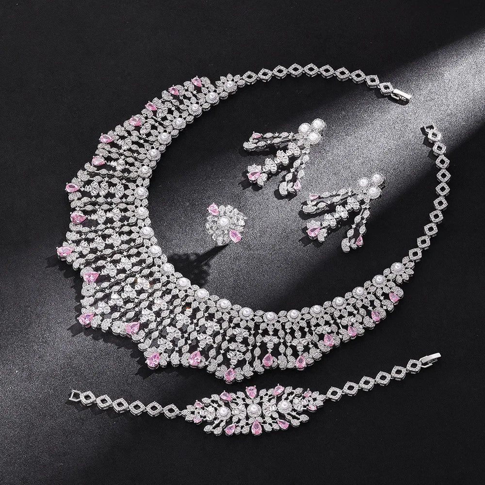 Luxury Zircon Bridal Jewelry Set – Necklace, Earrings, Ring & Bracelet