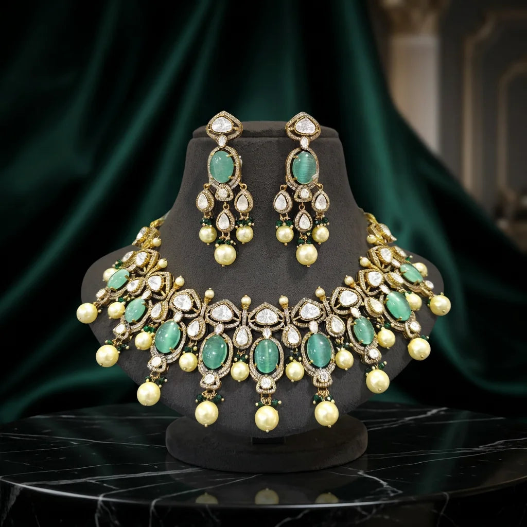 Elegant Emerald Oval Cut Pearl Gold Plated Bridal Choker Necklace Earrings Set Pear Cut Bezel Setting Wedding Jewelry Set