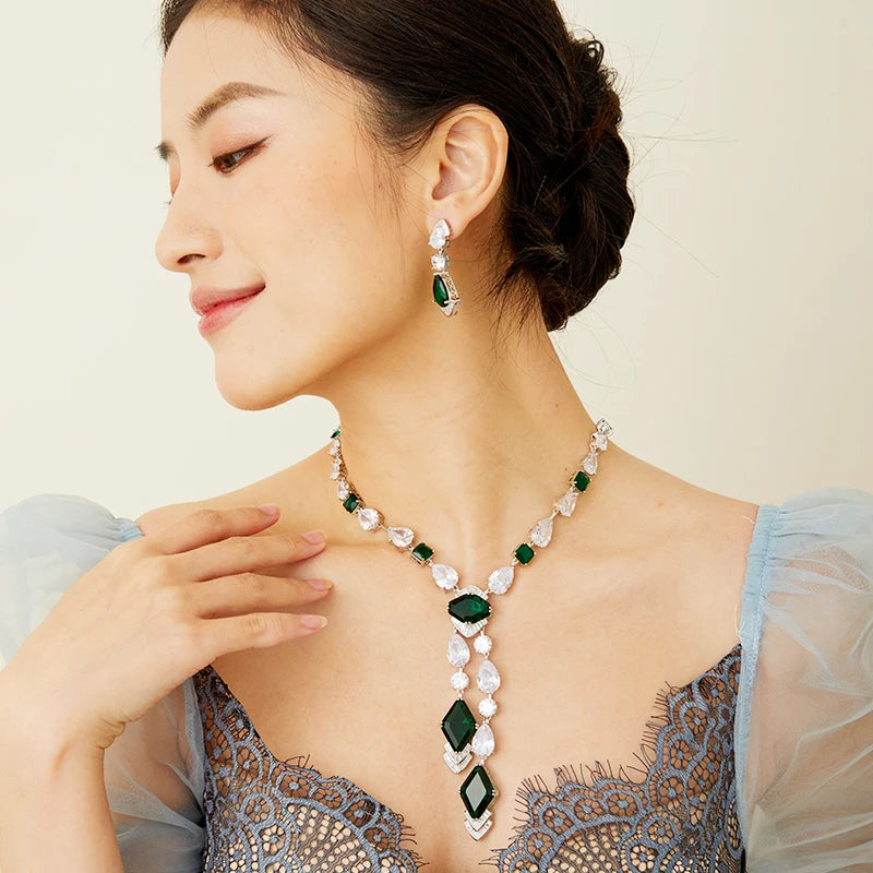 Elegant Women's Brass V-Shaped Necklace Earrings Simple Green Zircon Gemstone Sweater Chain Fashionable Weddings Parties Gifts
