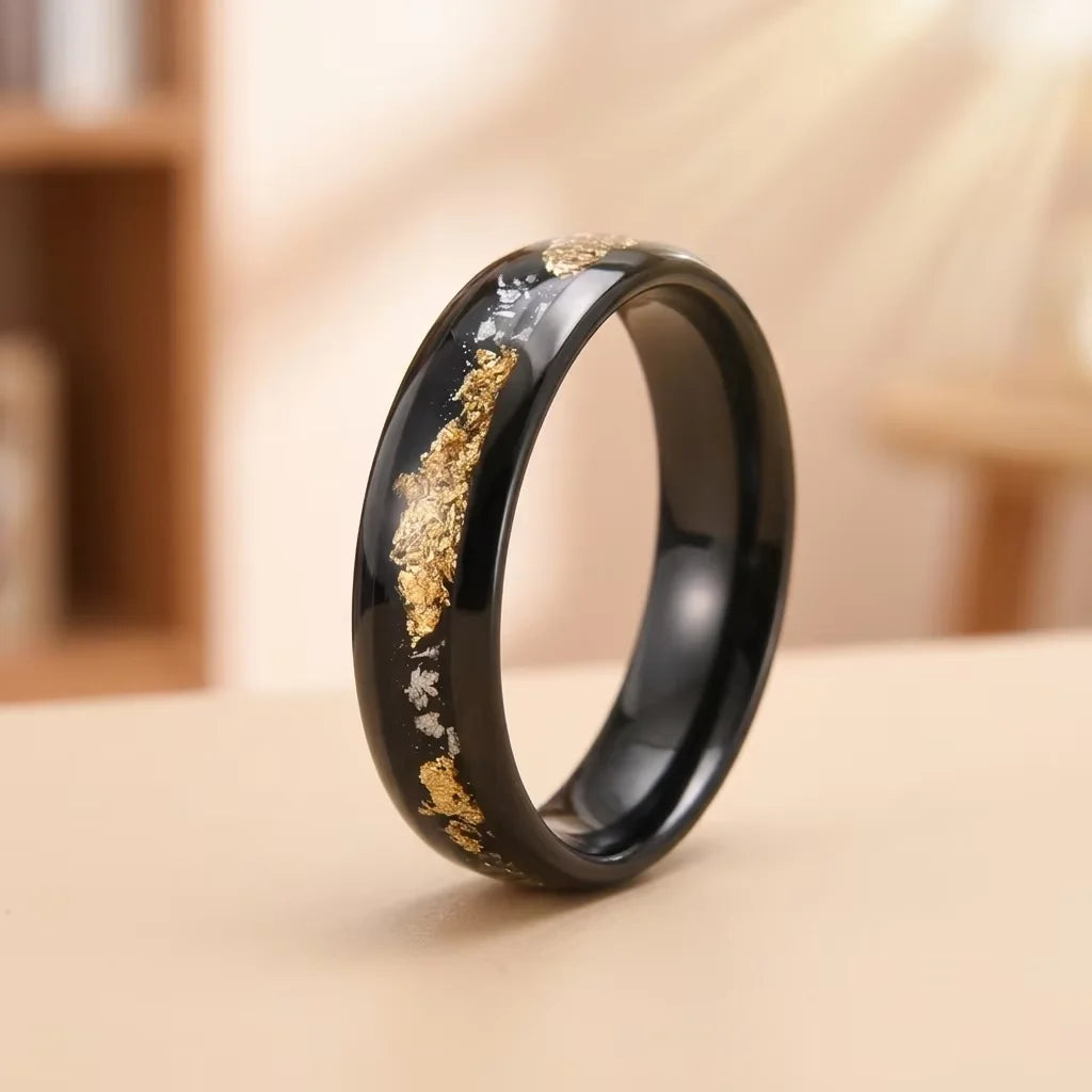 Tempusort Fashion Jewelry 6mm Tungsten Carbide Ring with Gold Foil Meteorite Inlay for Men Wedding Anniversary Wholesale