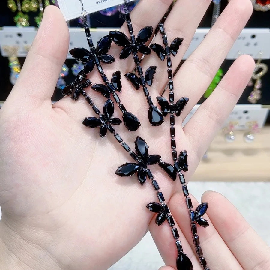 K029 High End Fashion Luxurious Exquisite Black Zircon Butterfly Necklace and Earrings Set Women Classic Jewelry Set