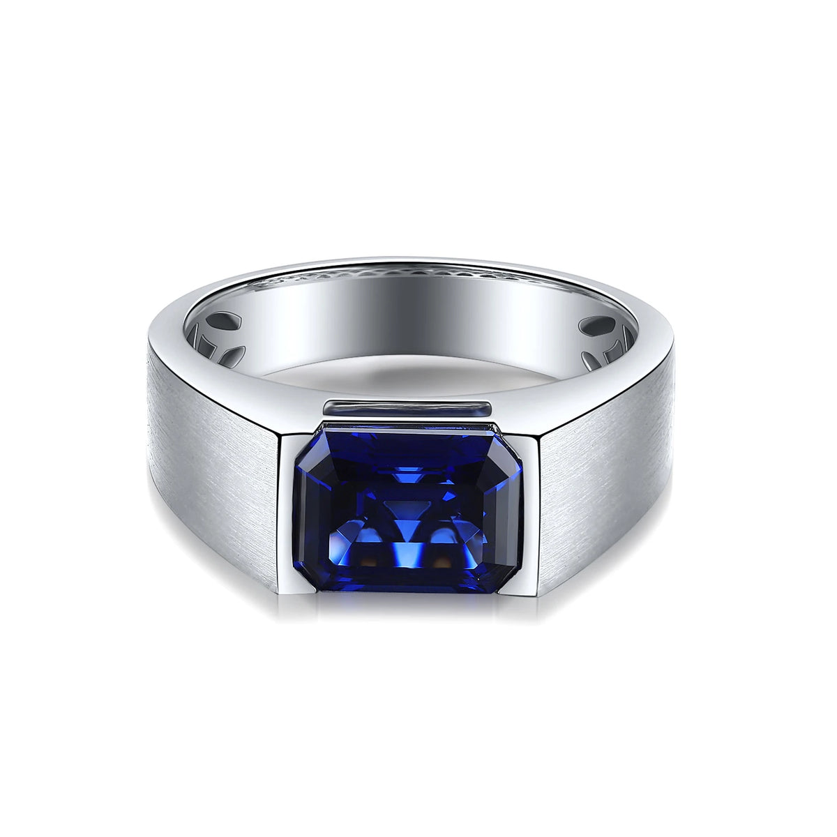 Gemfiori High Quality Silver Emerald Cut Shape Lab Grown Blue Sapphire Gemstone 3.51CT Classic Style Men Rings Wedding Jewelry Ring