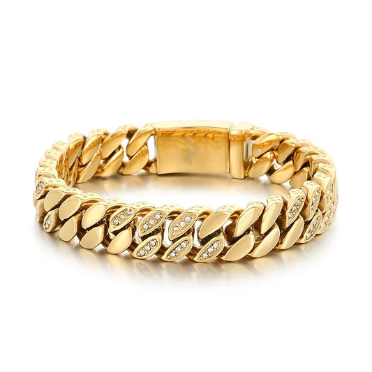 KALEN Vintage Fine Jewelry Fashion Bracelets Men Stainless Steel Rhinestones Cuban Links Bracelet Bangle