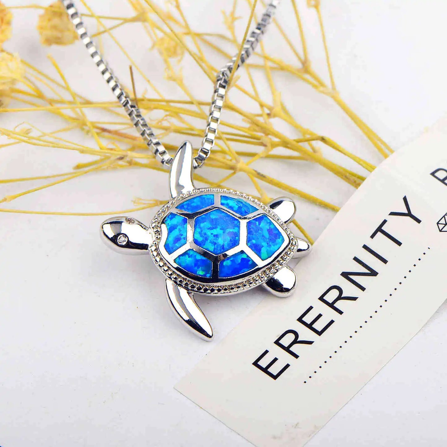 Aobao Christian Copper Silver Plated Blue Opal Animal Turtle Necklace Link Chain Minimalist Pendant for Women Gift
