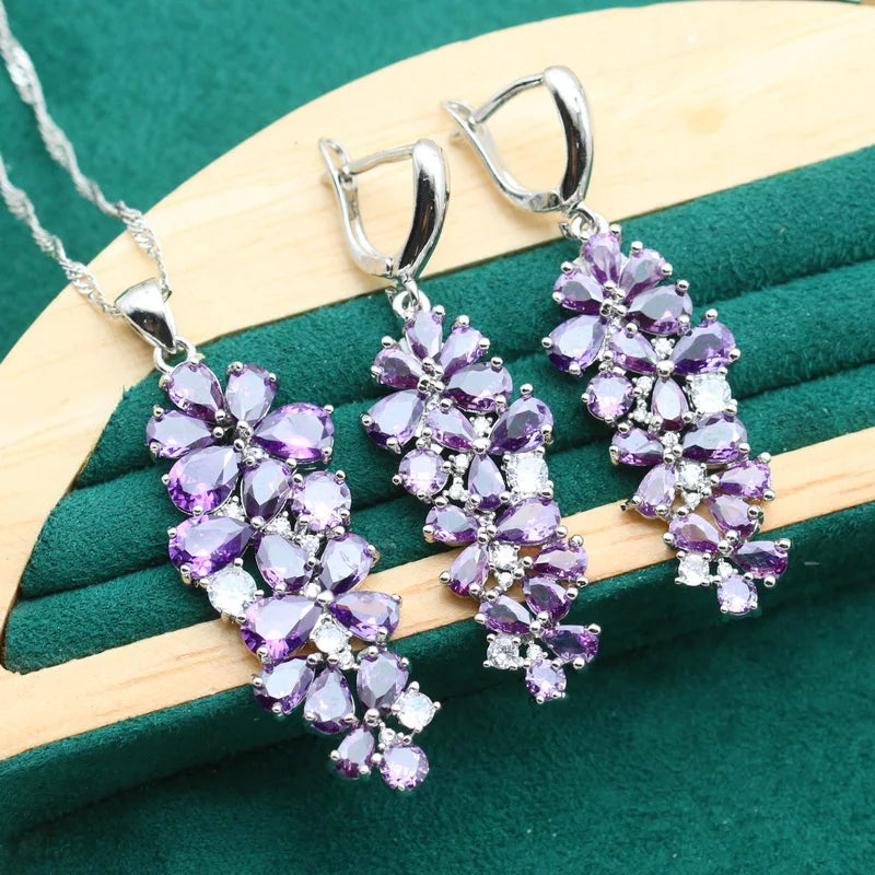 XOTICA 925 Sterling Silver Jewelry Set for Women Purple Amethyst Zircon Classic Bracelet Earrings for Wedding Party Birthday Gift
