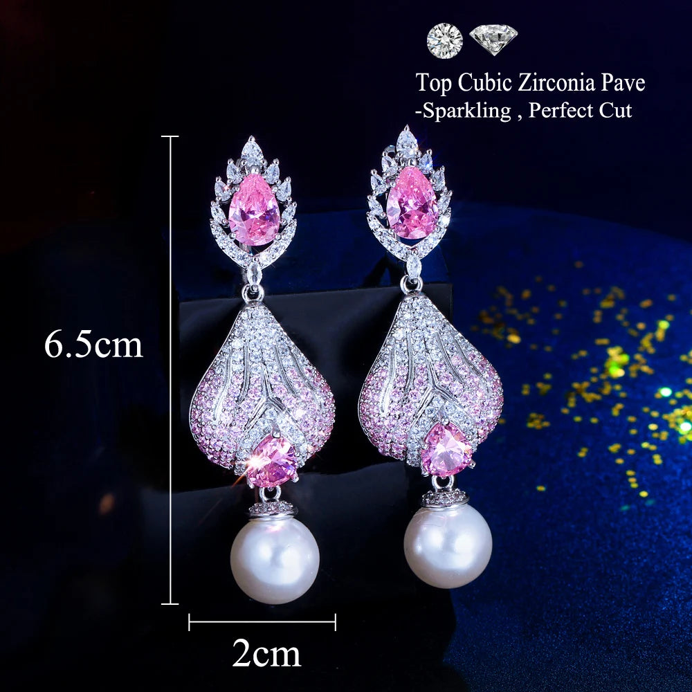 S&S Pink CZ Pavé Pearl Huggie Drop Earrings – Pear Cut – Rhodium Plated – Collection