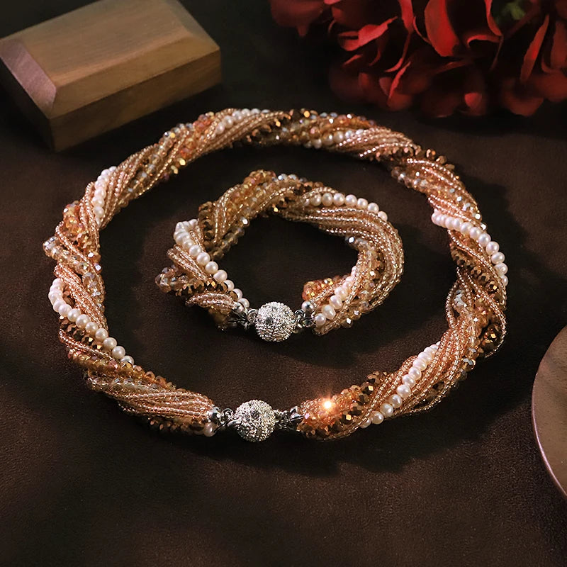GLSEEVO Natural Freshwater Pearl & Champagne Crystal Multi-Strand Twisted Necklace & Bracelet Set — Luxury Banquet Jewellery