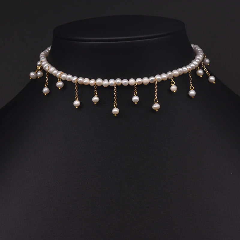 Natural Freshwater Pearl Choker Necklace Gold Plated Tassel Necklace for Women Bridal Wedding Luxury Fashion Fine Jewelry