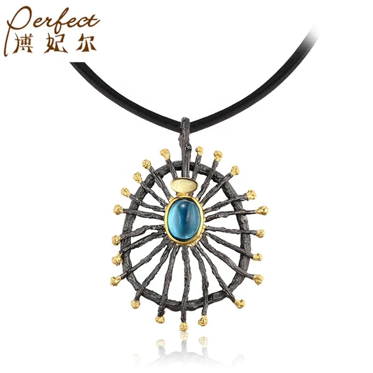 18K Gold Plated Black Rhodium Blue Topaz 925 Sterling Silver Classic Women's Pendant Jewelry Set for Party & Daily Wear