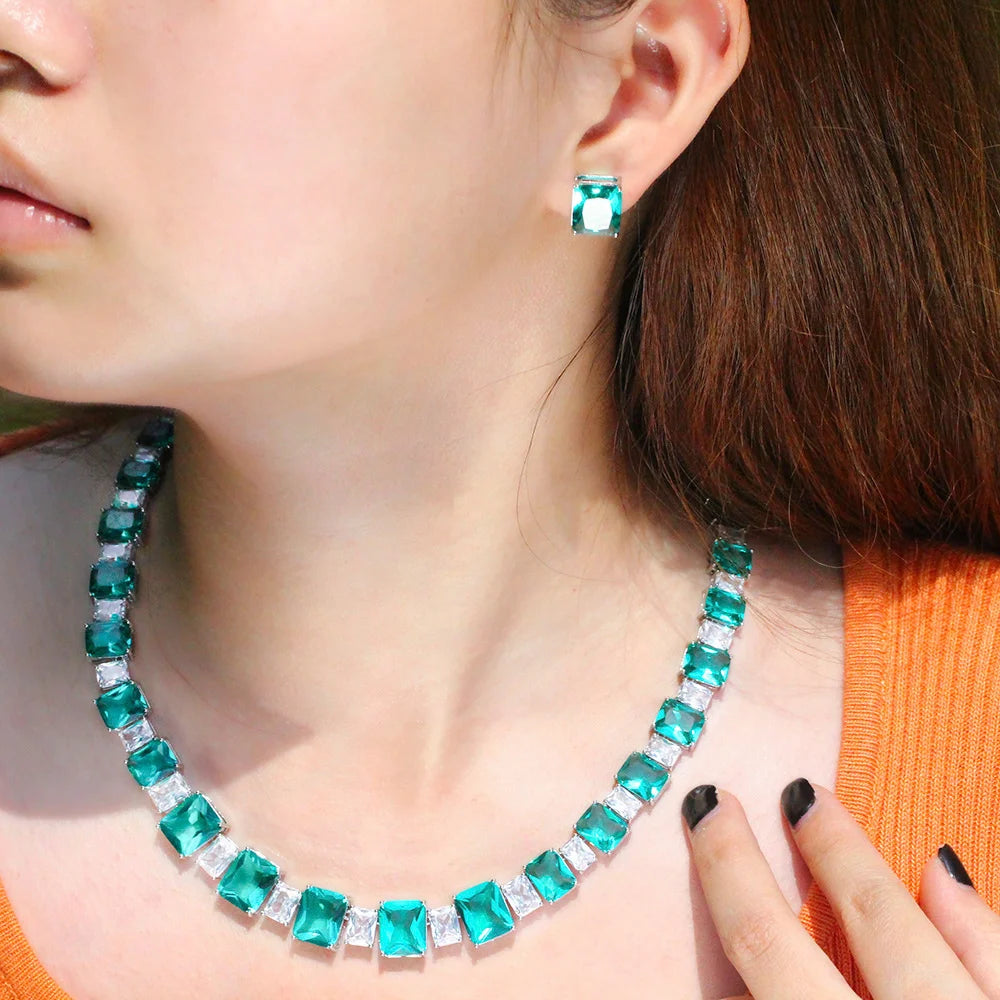 S&S Light Green CZ Square Bridal Jewellery Set – Necklace & Earrings – Collection