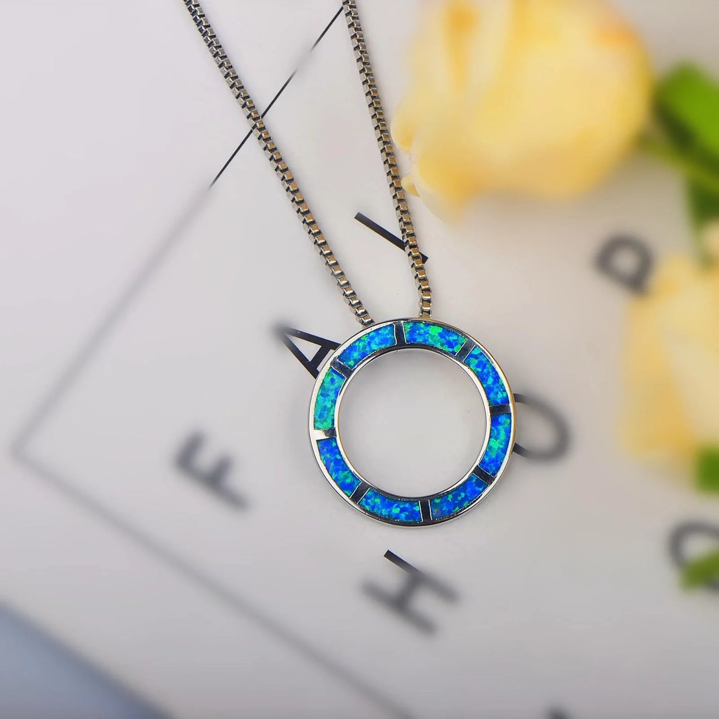 TikTok Viral Copper Box Chain Christian Circle Opal Necklace | Blue Minimalist Jewelry-Ins Trendy Bulk Supply