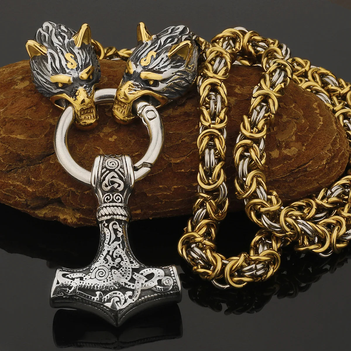 Wholesale Men's Stainless Steel Punk Pendant Necklace Gold Plated Thor Hammer Mjolnir for Mens Jewelry