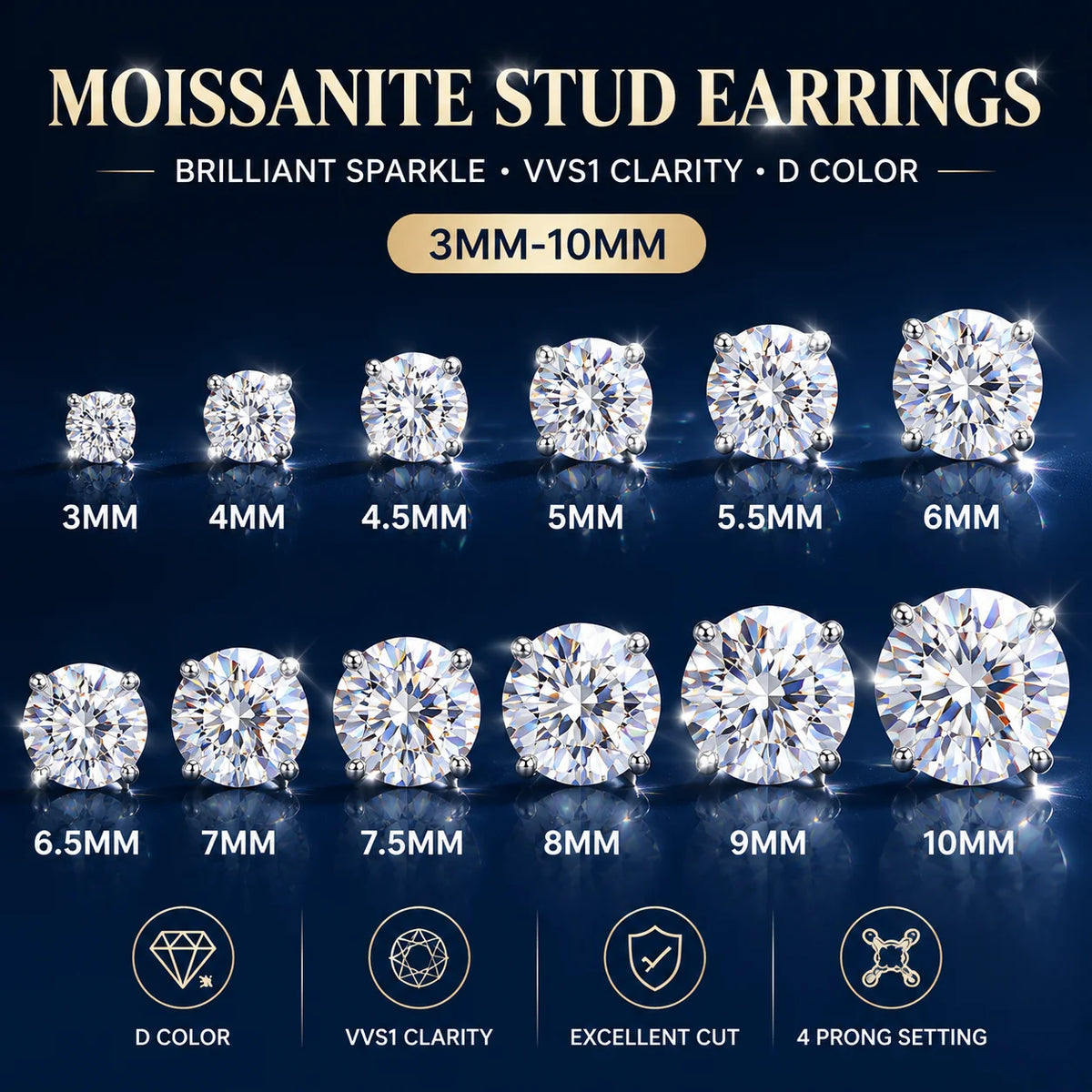 ArtistA 3mm-10mm Round Brilliant Cut Moissanite Stud Earrings 925 Sterling Silver Luxury Unisex Men Women Alice