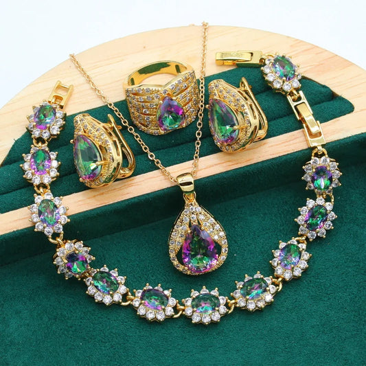 Custom Gold Jewellery Set for Women Wedding Rainbow Zircon Bracelet Earrings Necklace Pendant Ring-Dazzling Alloy for Parties