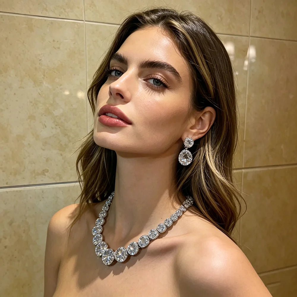 XM S415 Silver Plated Large Round CZ Tennis Choker Necklace & Two-Stone Drop Earrings Set