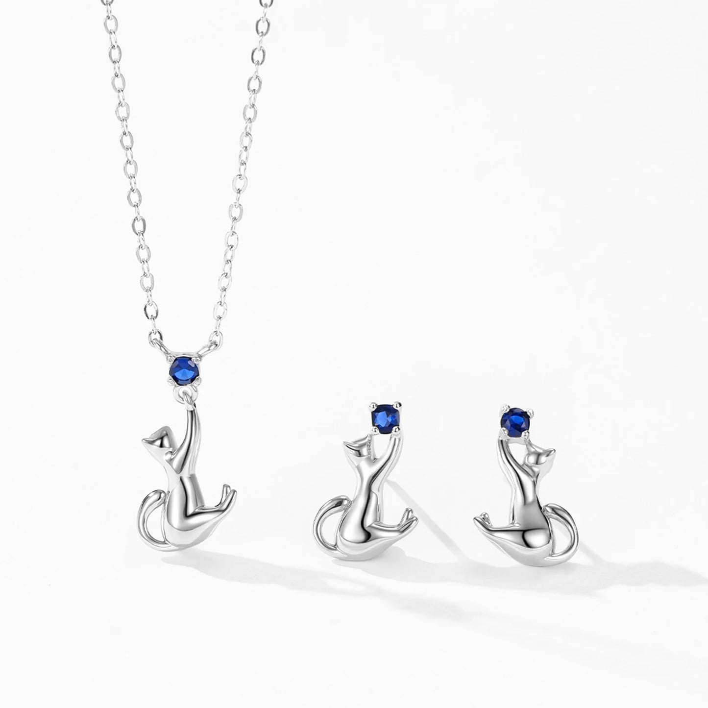 925 Sterling Silver Cute Little Cat Earring Necklace Set Fashion Personalized Animal Jewelry Gift Set