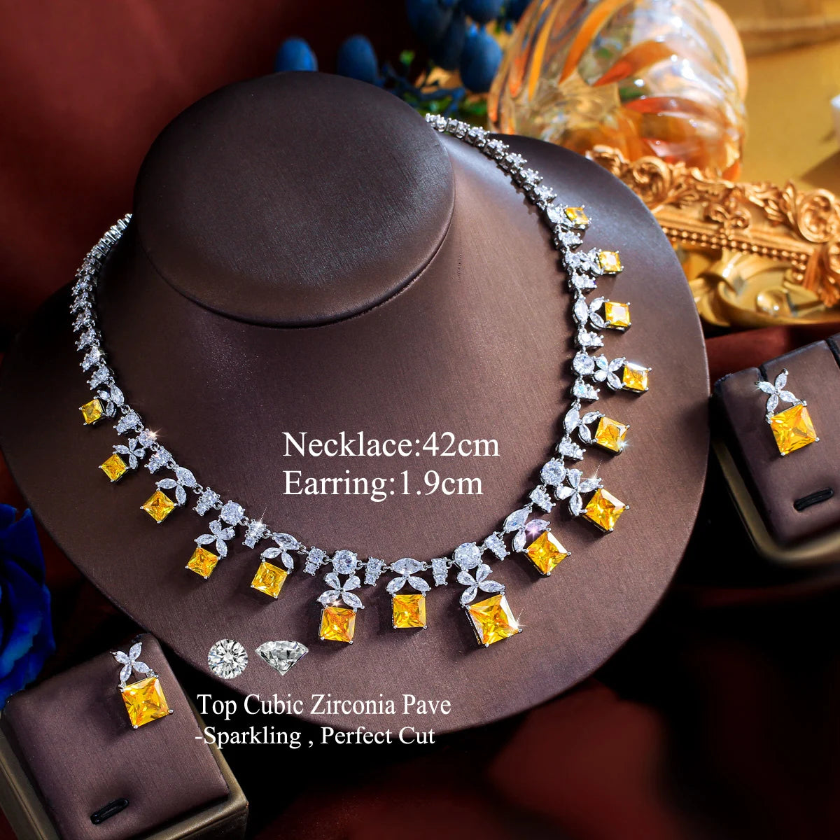 Trendy 2pcs Sets Big Square Cubic Zircon Women Luxury Bridal Yellow Jewelry Set for Wedding Anniversaries Annual Dinner Party