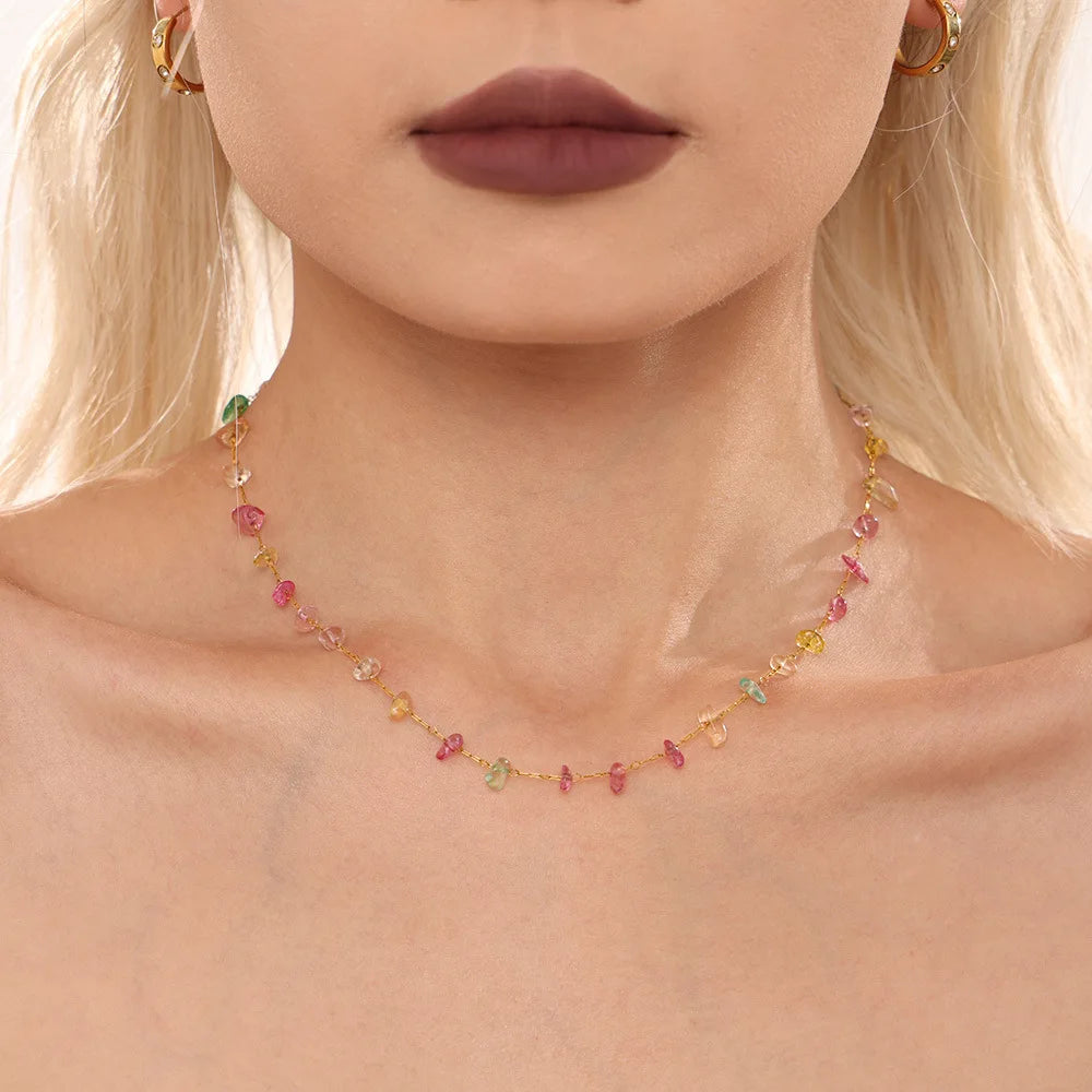New Fashion Multicolor Crystal Rainbow Beaded Bracelet and Necklace Set for Girls Slim Chain Stainless Steel Necklace Women