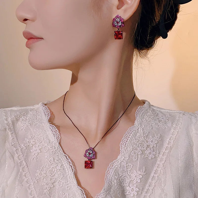REDheart Copper Inlaid Pearl Plated 18K Gold Flower Earrings 18K Gold Retro Camellia Necklace Wedding Party Accessories Set