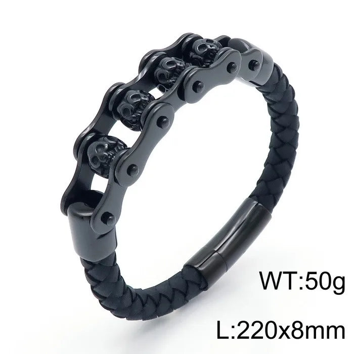 REBEL Trendy Mens Fashion Bracelets Bangles Stainless Steel Beads Leather Bracelet Bangle