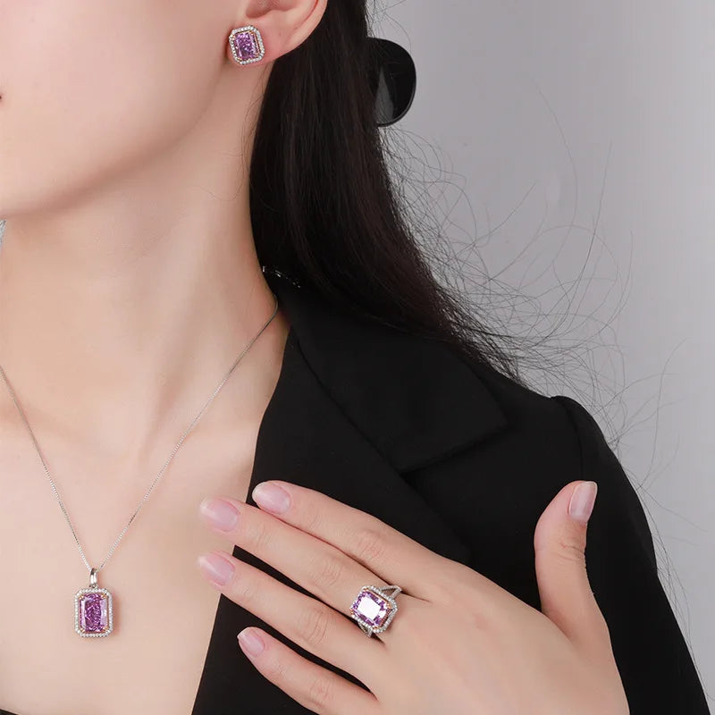 Gemfiori Women Jewelry Set New High-end Luxury Princess square Zirconia Necklace Ring square Zirconia Earring Set