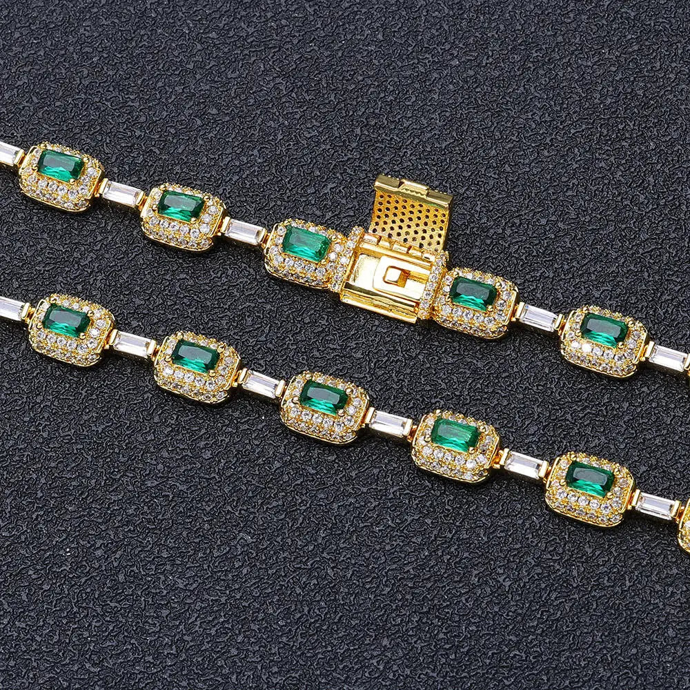 Luxury Bling CZ Tennis Necklace for Men and Women Geometric Link Chain with Classic Emerald Zircon Charm