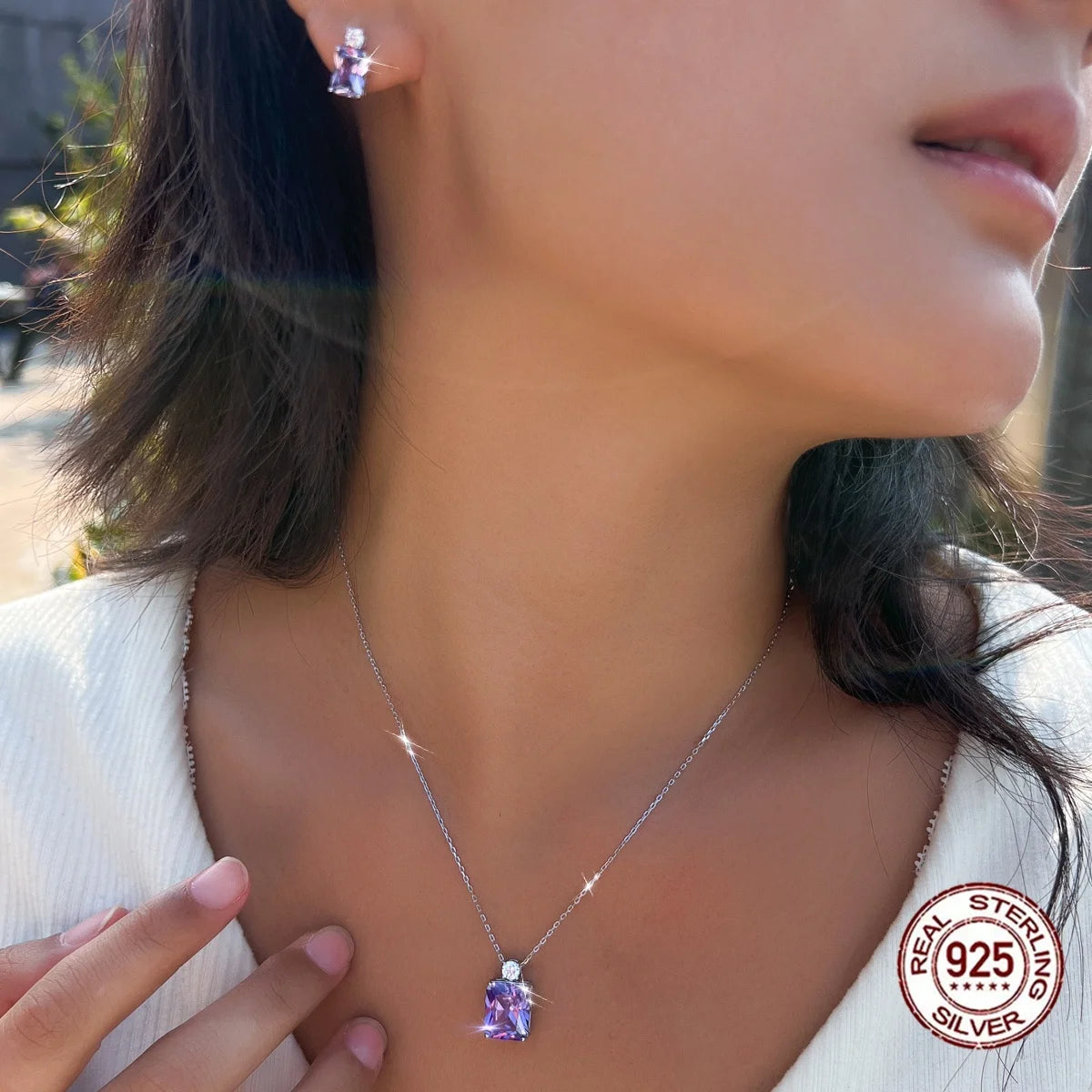 Sterling Silver Purple CZ Baguette Pendant Necklace & Earrings Set Rhodium Plated Bridal Party Gift for Women & Girls