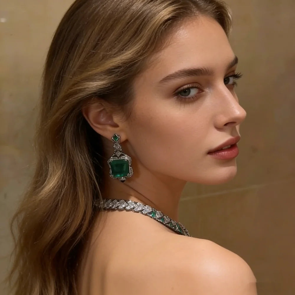 XM S205 Luxury Emerald Green Crystal Princess Cut Platinum Plated Copper Statement Necklace Drop Earrings Wedding Anniversary