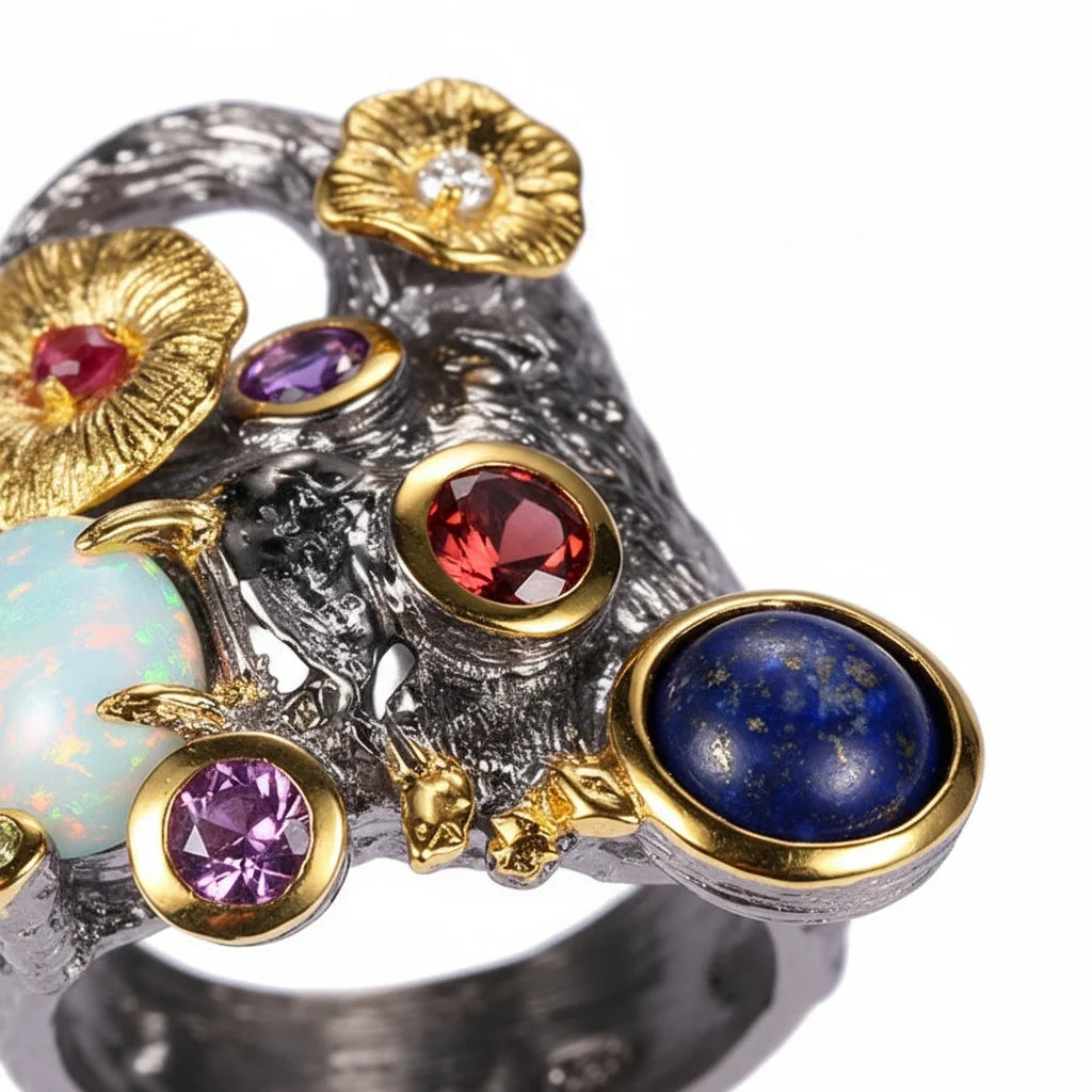 Thailand Style Design Colorful Stone 925 Sterling Silver Ring With Black Gold Plated