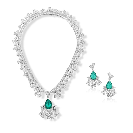 High Quality Jewelry Plated with Brass Green Gemstone Necklace Earrings  Exaggerated Fashion Set  Women's Pendant Necklace