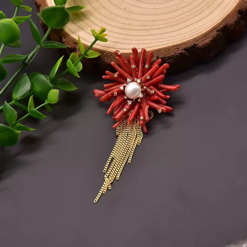Red Coral Natural Pearls Fashion Accessories Set Fine Woman Ring Earrings Necklace Luxury Customized Jewelry Wedding
