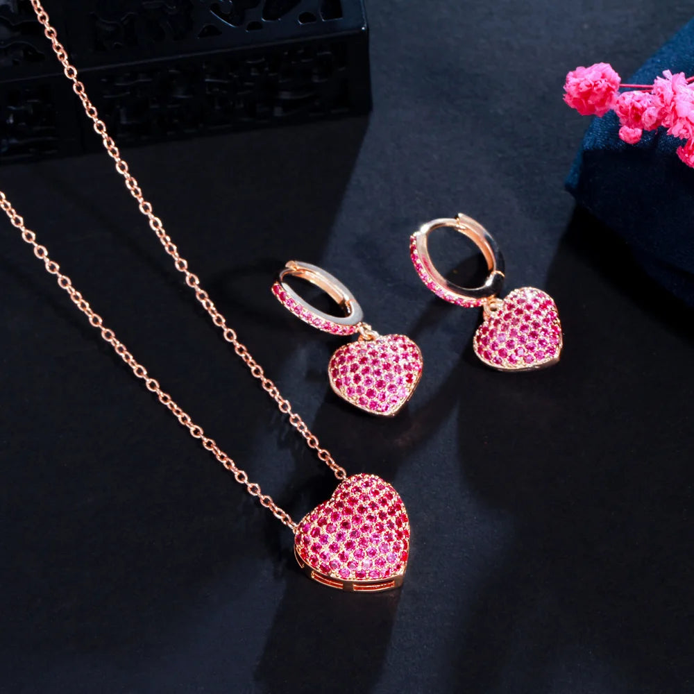 S&S Heart CZ Necklace & Earrings Set – White, Red, Blue & Green – Gold Plated – Collection