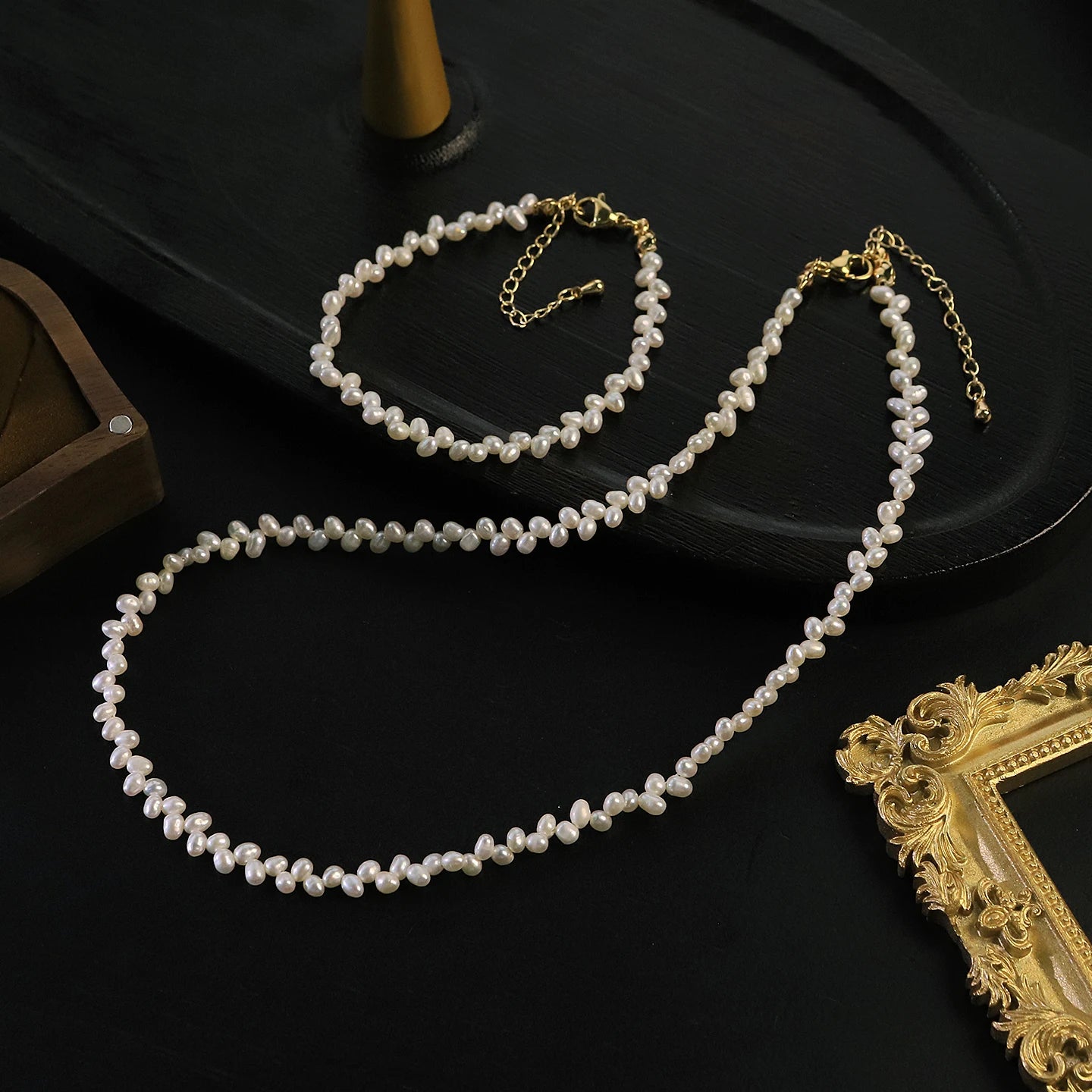 GLSEEVO Natural Freshwater Pearl Dainty Minimalist Necklace, Earrings & Bracelet Set — Bridal & Bridesmaid Gift