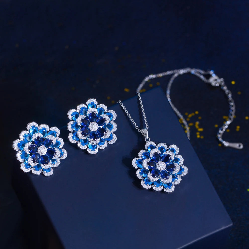 Art Deco Luxury Blue Cubic Zirconia Chunky Flower Shaped Earrings and Pendant Necklace Women Party Jewelry Sets