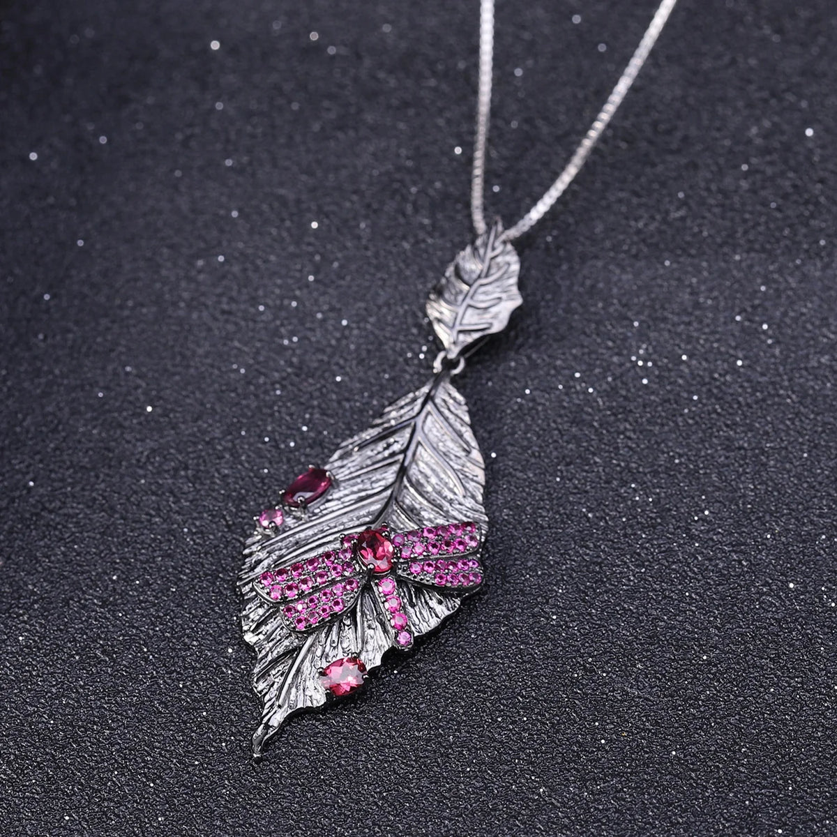 ArtistA Abiding Factory Original Design Black Gun Plated 925 Silver Leaf Shape Rhodolite Garnet Fine Jewelry Set for Women
