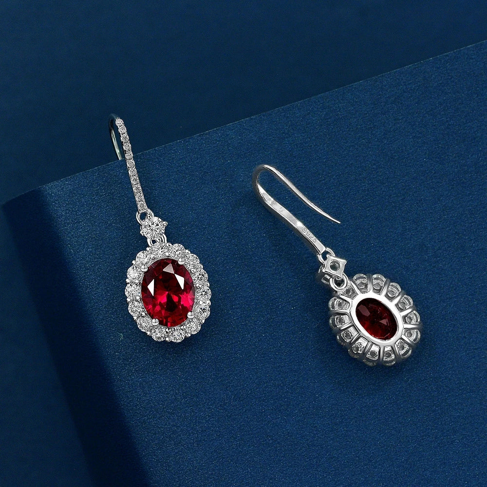 MUSHAN Jewelry Factory New 2ct Egg Shaped 7*9 Earrings European and American Light Luxury 925 Silver Lab Grown Red Sapphire