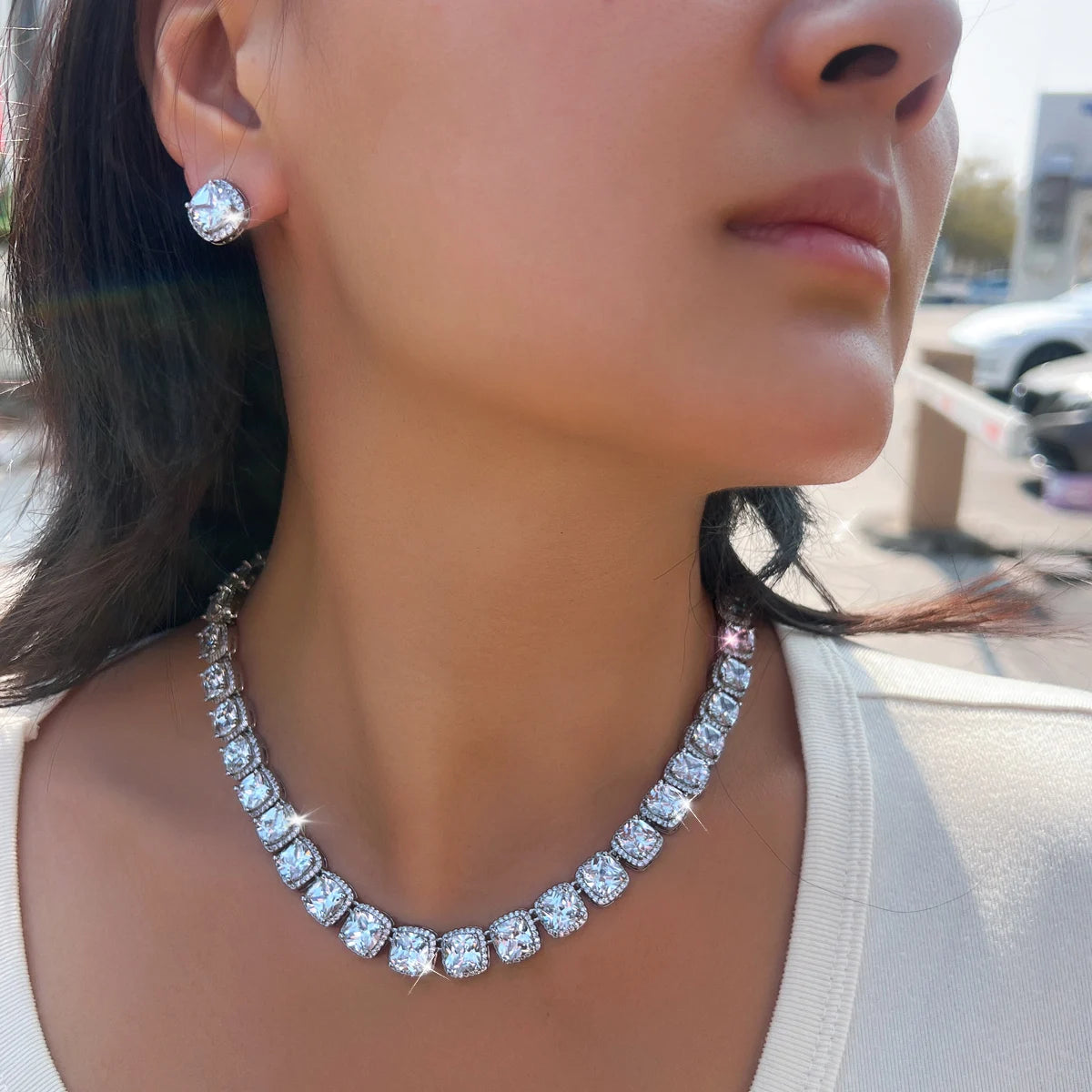 Multicolor CZ Set Rainbow Square Tennis Zircon Chain Link Necklace Earrings Set for Brides Wedding With Rhodium Plated Jewelry