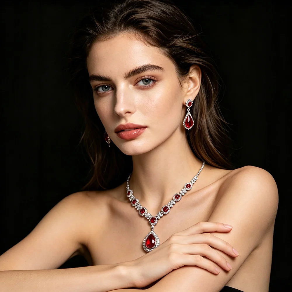 XM S376 Silver Plated Princess Cut Zircon Floral Teardrop Pendant Necklace & Drop Earrings Set