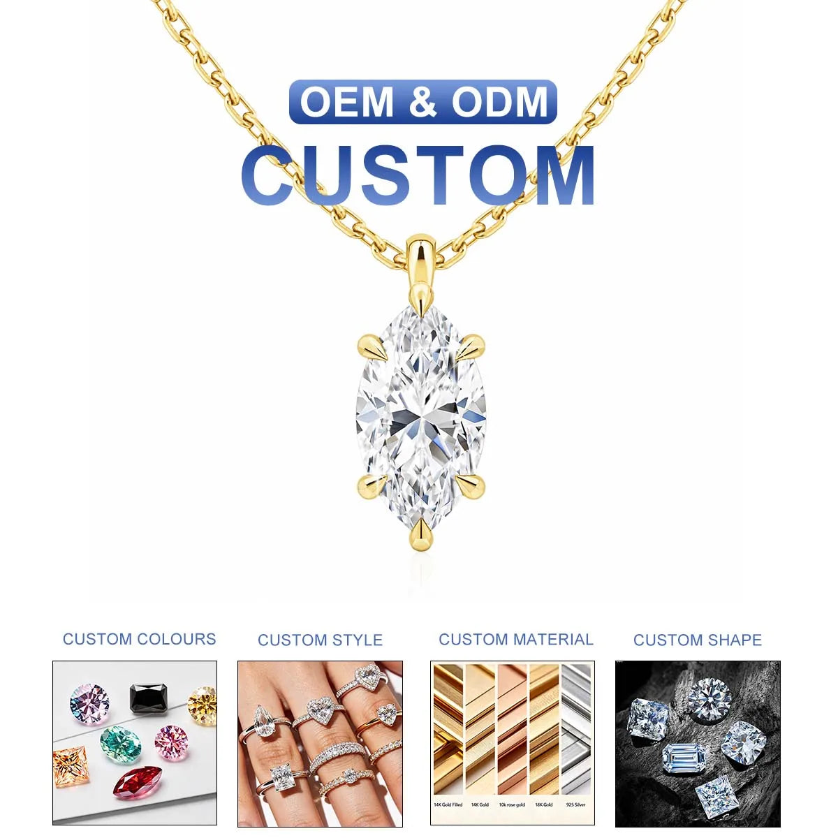 Gioiellieri Real 14K Gold Marquise 0.5ct Moissanite Pendant Necklace Gold Plated Chain Factory OEM ODM Fine Jewelry