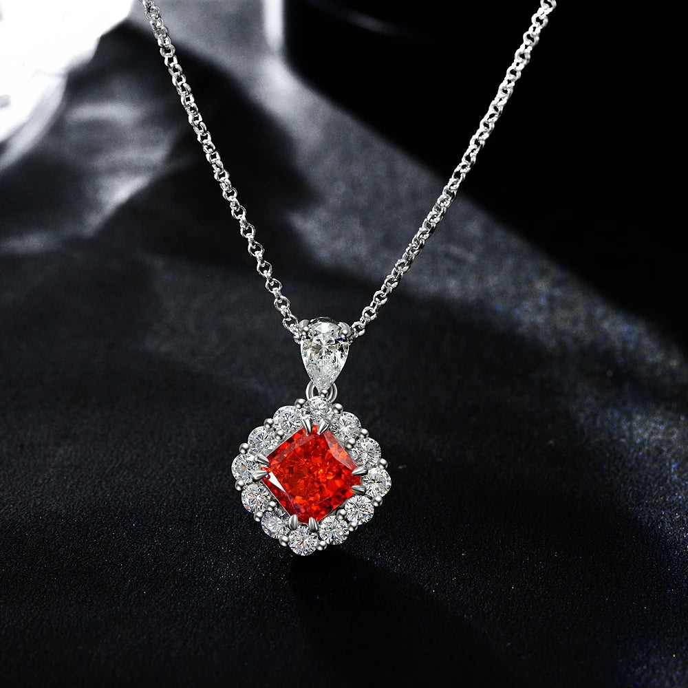 MUSHAN Jewelry Factory Cross Border Bestseller 925 Sterling Silver 2 Carat Square Padma Red 7*7 Necklace 40+5cm
