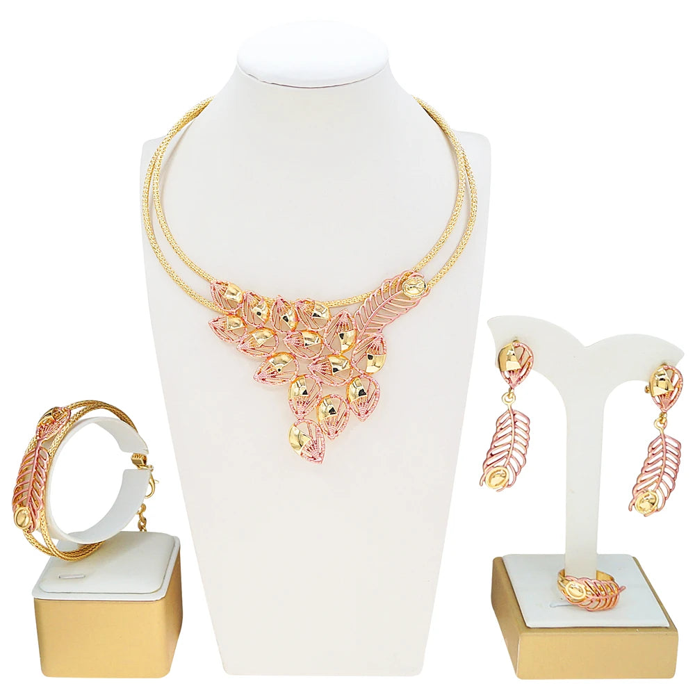 Zhuerrui New Arrival Leaf Design Gold Plated Jewelry Set Women Bride Prom Fashion Necklace Earrings Bracelet Set  X007730