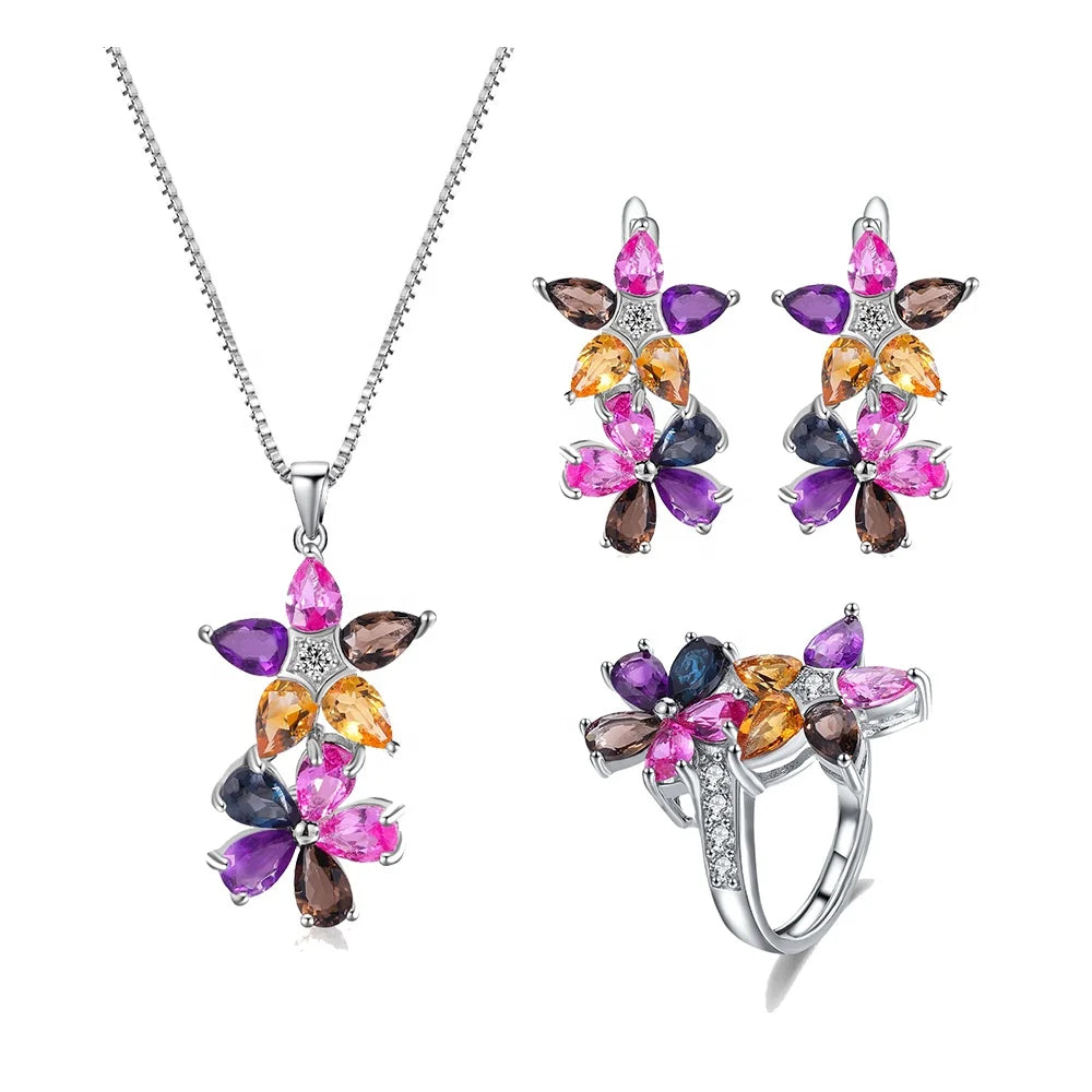 ArtistA A3546 Abding New Arrival Colored Real Gemstone 925 Silver Necklace Earrings Ring Fine Jewelry Set for Women Birthday Gift