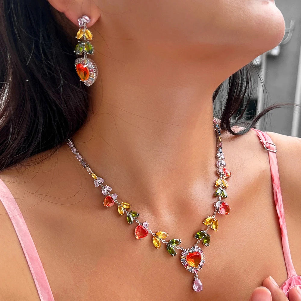 Luxury Multicolor Cubic Zirconia Big Heart Drop Earrings and Necklace Women Bridal Wedding Party Jewelry Set