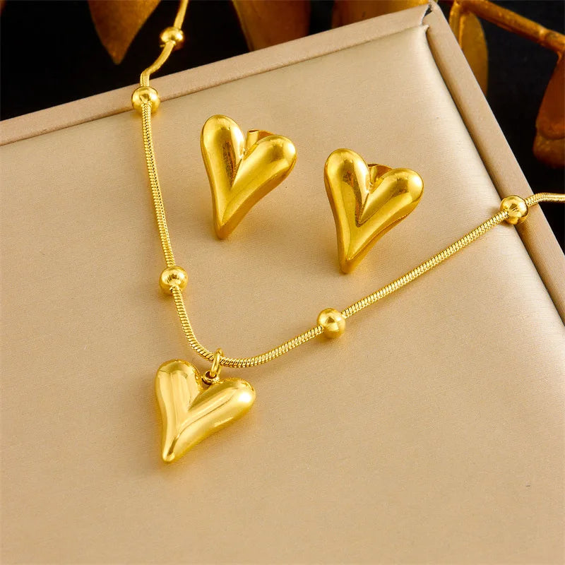 Gold Heart Necklace, Earrings & Bracelet Jewellery Set | Classic Everyday Fashion Set