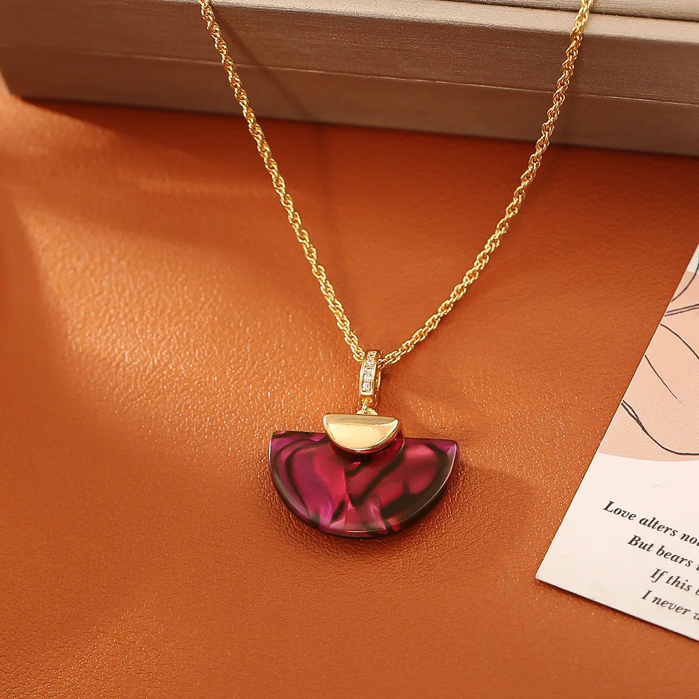 Mother-of-Pearl Shell Pendant Necklace & Earrings | Real Gold Plated Copper Collarbone Chain | Blue, Coffee & Red