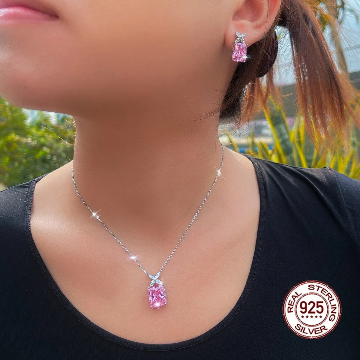 Genuine S925 Sterling Silver Crushed Ice Stone Cubic Zirconia Pink Pendant Set Necklace and Earring Set for Women Party Jewelry