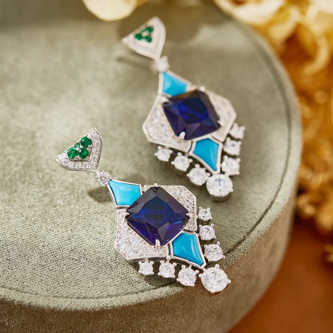 Luxury Blue Turquoise Zirconia Claw-Set Long Chain Pendant Necklace & Earrings Set — Rose Gold & Rhodium Plated