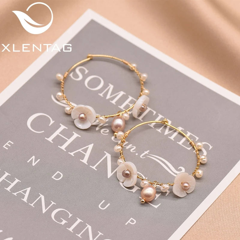 925 Sterling Silver Flower Natural Fresh Water Pearl Hoop Big Earrings for Women Wedding Gift