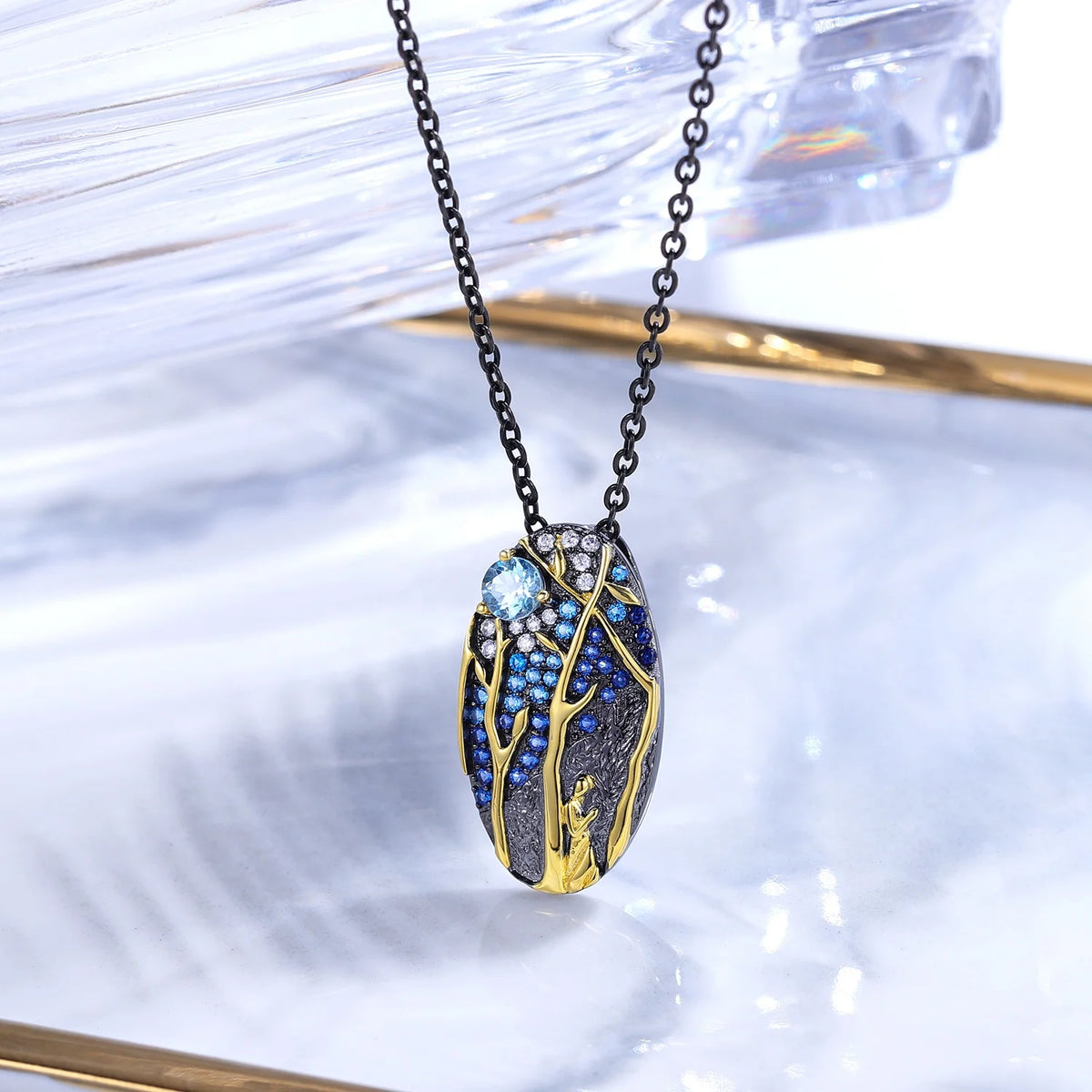 ArtistA C8206 Abding Black Gun Plated 925 Sterling Silver Elegant Sky Blue Topaz Gemstone Jewellery Set Big Drop Earrings Pendant Ring