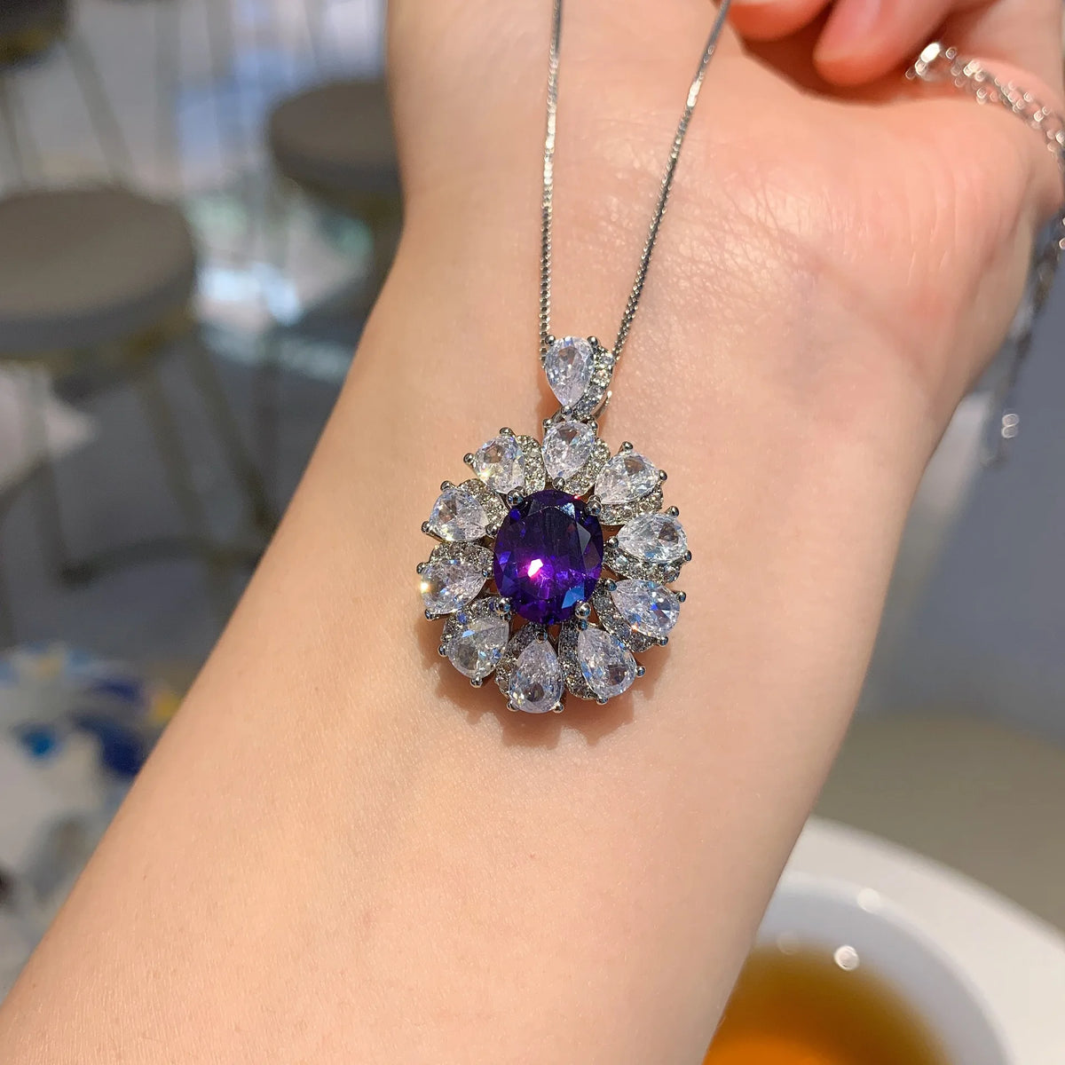 Gemfiori Luxury Jewelry Style Three Piece Set Purple Orchid Zircon Ring Light Luxury Pendant Temperament Earring Accessory